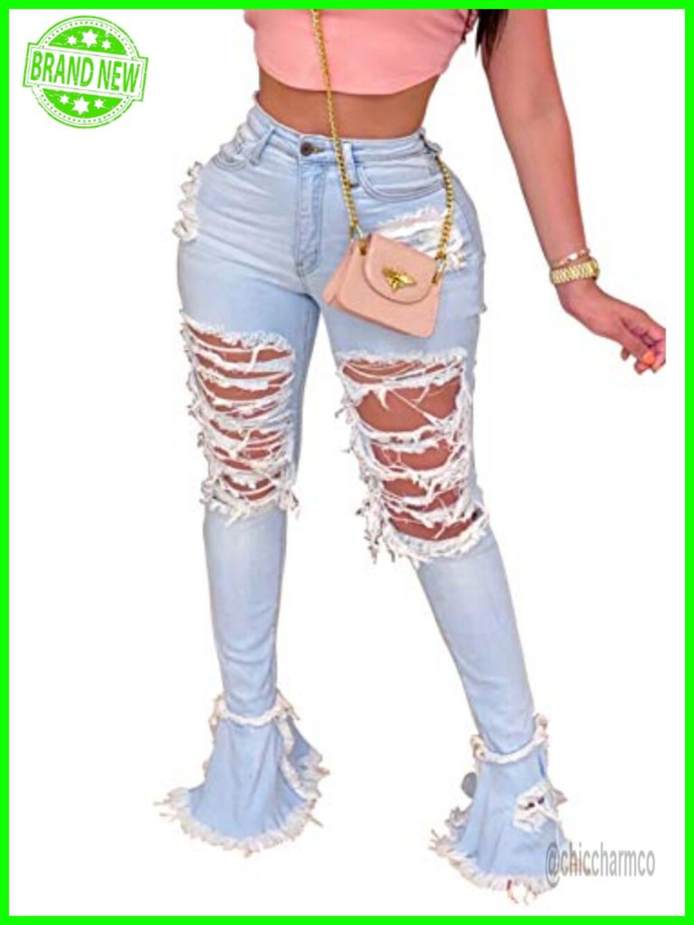 Ripped Flare Bell Bottom Jeans Raw Hem High Waist Denim Pants
